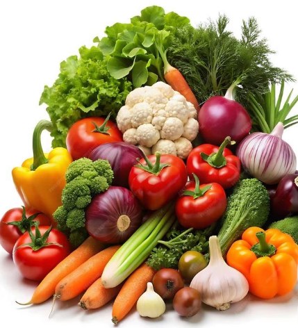 Fresh vegetables: tomatoes, peppers, cauliflower, broccoli, onions, carrots and lettuce